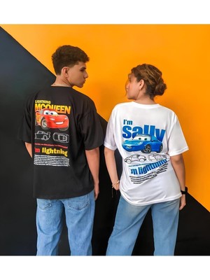 Unisex Şimşek Mcqueen- Sally Cars Sevgili Çift Kombini Oversize T-Shirt 2'li Takım