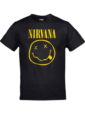 Cakkey Siyah Nirvana Smile Logo Baskılı Tshirt