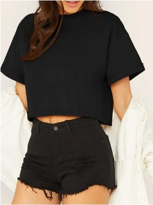 Cakkey Kadın Crop Bisiklet Yaka Kısa Kol Örme T-Shirt Günlük Stil İnce Kumaş