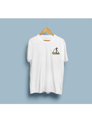 Bahriyeli Collection Oversize Yelkenli Çizim Cep Logo Baskılı Unisex T-Shirt