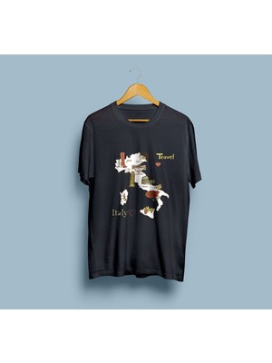 Bahriyeli Collection Oversize Italya Haritası ve Turistik Yerler Tasarım Unisex T-Shirt