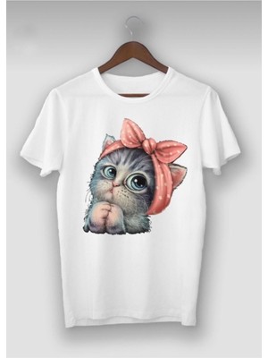 Cakkey Zokawear Kadın Oversize Beyaz Kısa Kol T-Shirt Sevimli Minik Kedi Baskılı Günlük Stil