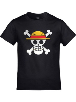 One Piece Logo Kurukafa Baskılı Unisex Siyah Çocuk Tshirt
