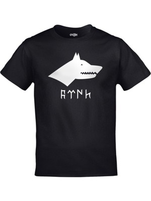 Cakkey Siyah Kurt Türk Yazısı Göktürk Alfabesi Baskılı Tshirt