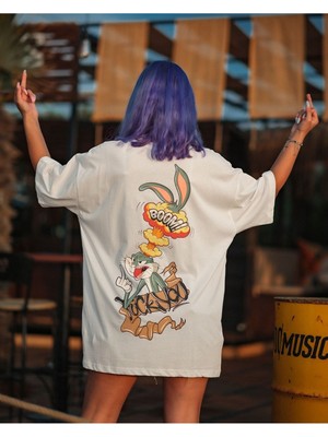 Cakkey Bad Bugs Bunny Sırt Baskılı Oversize (Bol Kalıp)  T-Shirt 100% Pamuk Nefes Alan Ince Kalite