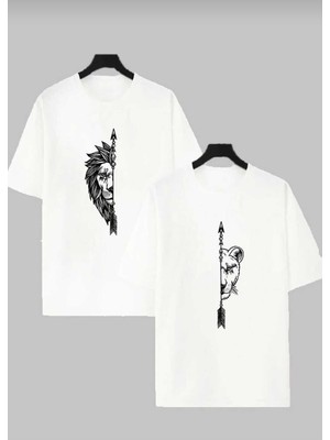 Cakkey Aslan Çift Baskılı Oversize Sevgili T-Shirtleri