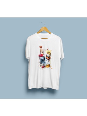 Bahriyeli Collection Oversize Şarap Şişesi ve Kadeh Tasarım Unisex T-Shirt
