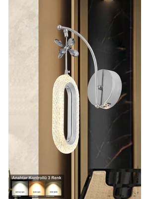 Sessi Power Ledli Modern Lüks Duvar Aplik, 3 Renk: Sarı-Beyaz-Gün Işığı - Krom