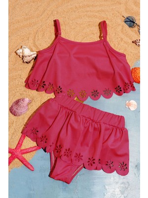 Miniğimin Cicileri (3-12 Yaş) Kız Çocuk Lazer Çiçek Kesim etekli mayo - Fuşya