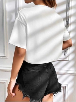 Cakkey Kadın Crop Bisiklet Yaka Örme T-Shirt İnce Kesim Oversize Kısa Kol Beyaz Renk