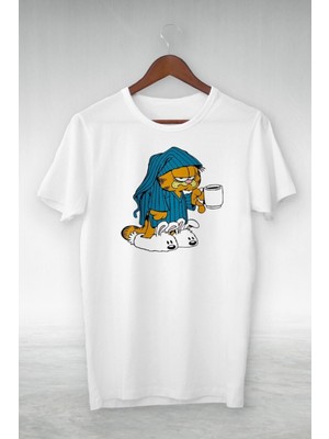 Cakkey Beyaz Uyku Tulumlu Garfıeld Illustrasyon Çizim Tshirt