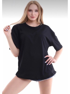 Cakkey Unisex Pamuklu Siyah Bisiklet Yaka Oversize T-Shirt