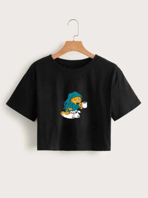 Kadın Siyah Uykulu Baskılı Crop Tshirt