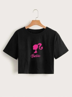 Kadın Siyah Barbie Baskılı Crop Tshirt