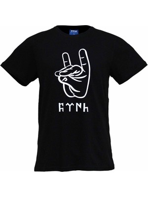 Cakkey Bozkurt Işareti Bakılı Siyah Basıc T-Shırt