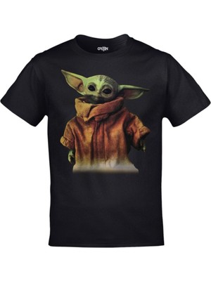 Cakkey Siyah Baby Yoda Star Wars The Mandalorian Baskılı T-Shirt
