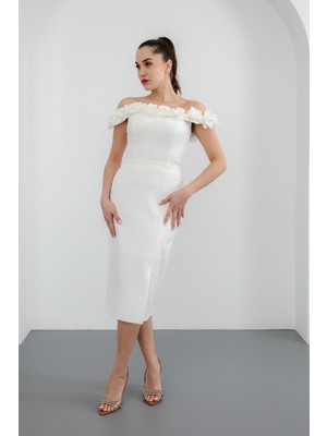 Kadın Beyaz Yakası Çiçekli Incili Söz Nişan Nikah Abiye Elbise