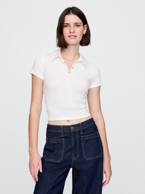 Kadın Beyaz Modern Fitilli Crop Polo Tişört