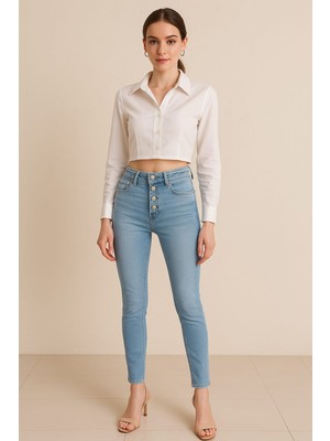 Yüksel Bel Dar Paça Kadın Skinny Jean Buz Mavi