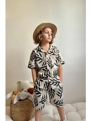 Erkek Çocuk Palmiye Desenli Cep Detaylı Keten Pamuk Şortlu Takım