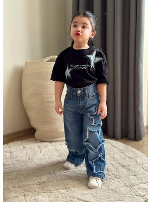 Kız Çocuk Yıldız Modelli Kot Pantolonlu Pamuk Takım