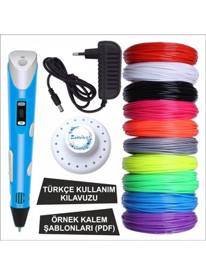 Mavi Renk 3D Kalem + 10 Renk Toplam 50 Metre Pla Filament + Şablon