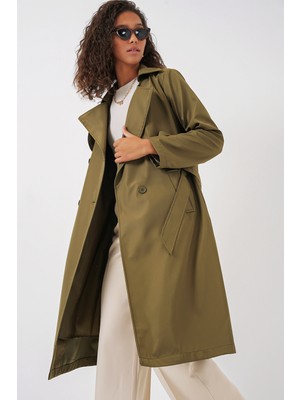 Bigdart 5918 Kadın Haki Trençkot Kruvaze Yaka %100 Polyester Regular Kalıp
