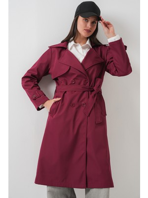 5918 Kruvaze Yaka Trençkot - Bordo