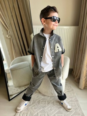 Erkek Çocuk A Nakışlı Tişörtlu Kot Pantolon Kot Gömlekli 3lü Takım