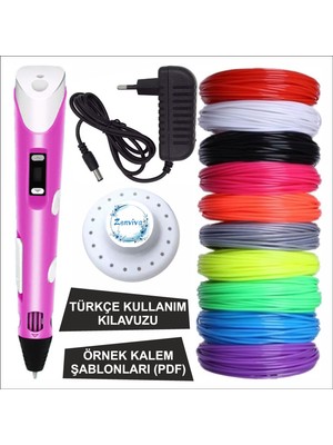Pembe Renk 3D Kalem + 10 Renk Toplam 100 Metre Pla Filament + Şablon