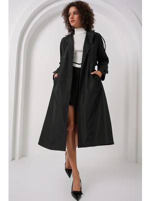 Bigdart 5941 Kruvaze Yaka Uzun Trençkot Kadın Siyah Polyester Malzeme ile Şık Tasarım