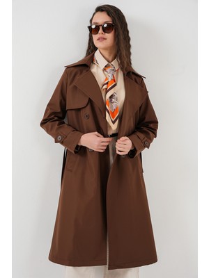 Bigdart 5918 Kruvaze Yaka Kahverengi Trençkot Kadın Regular Kalıp %100 Polyester