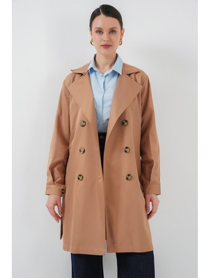 5864 Kruvaze Yaka Kısa Trençkot - Taba