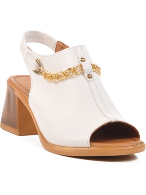 Beyaz  Deri Topuklu Kadın Sandalet PC-54632 Z