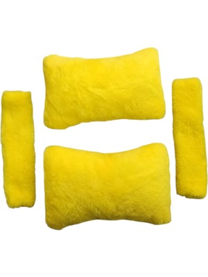 Peluş Ortopedik Araba Seyahat Boyun Yastığı Emniyet Kemer Pedi Seti Sarı
