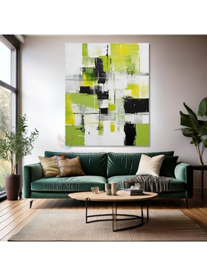 Yağlı Boya Görünümlü Soyut Kanvas Tablo Yeşil Siyah Fırça Darbeleri Salon Tablosu Duvar Tablosu