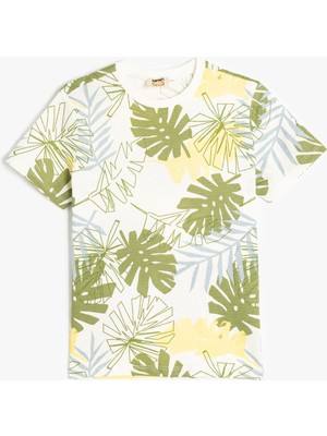 Koton Yaprak Baskılı Pamuklu Kısa Kollu Bisiklet Yaka Tişört