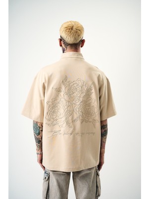 Erkek Be Kind Nakışlı Yarım Fermuarlı Oversize T-Shirt Bej