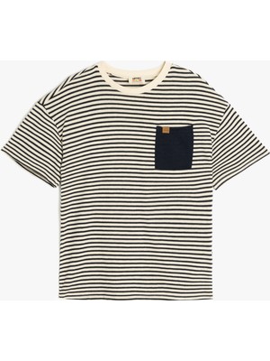 Koton Cep Detaylı Oversize Bisiklet Yaka Çizgili Tişört