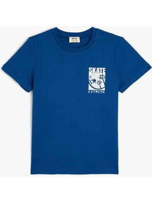 Koton Kaykay Temalı Erkek Çocuk Pamuklu Kısa Kollu Bisiklet Yaka Tişört Lacivert Desenli