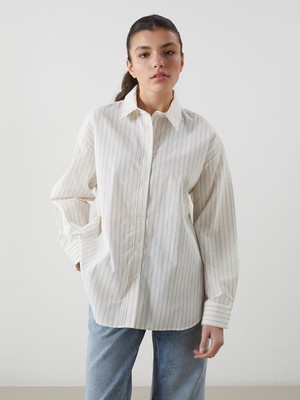 Lc Waikiki Yeni Sezon Cizgili Oversize Keten Karisimli Kadin Gomlek - S5I334Z8
