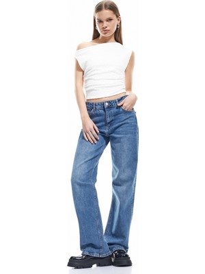 Koton Tek Omuz Detaylı Dokulu Asimetrik Yaka Drapeli Kolsuz Tişört