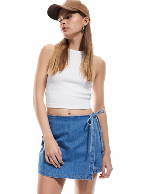 Koton Pamuklu Bağlama Detaylı Mini Denim Şort Etek