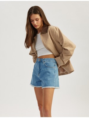 Koton Düğmeli Pis Paça Cep Detaylı Rahat Kalıp Açık Indigo Kadın Şort 5SAL40011MD