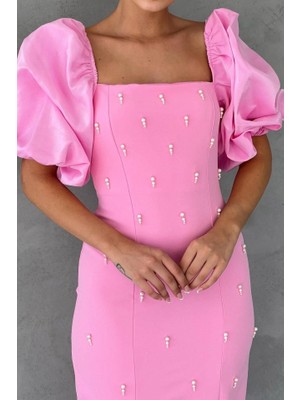 Gökyüzü Moda Pembe Işlemeli Kolu Garnili Elbise