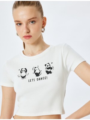Koton Panda Baskılı Kısa Kollu Slim Fit Crop Tişört
