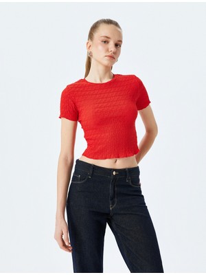 Koton Basic Kısa Kollu Bisiklet Yaka Dokulu Crop Tişört