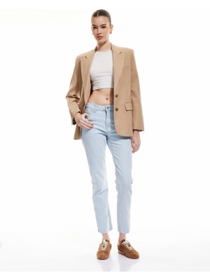 Koton Yıpratma Detaylı Yüksek Bel Pamuklu Straight Fit Denim Pantolon - Straight Jeans