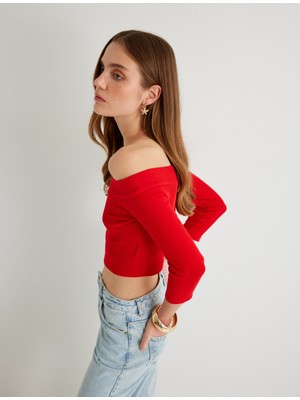 Koton Omzu Açık Crop Tişört Dirsek Boy Kol Pamuklu Slim Fit