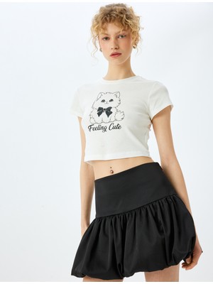 Koton Kedi Baskılı Crop Bisiklet Yaka Slim Fit Tişört